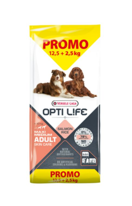 Versele-Laga OPTI LIFE Adult Skin Care Medium & Maxi 12,5 + 2,5 kg AKTION Hundetrockenfutter mit Lachs