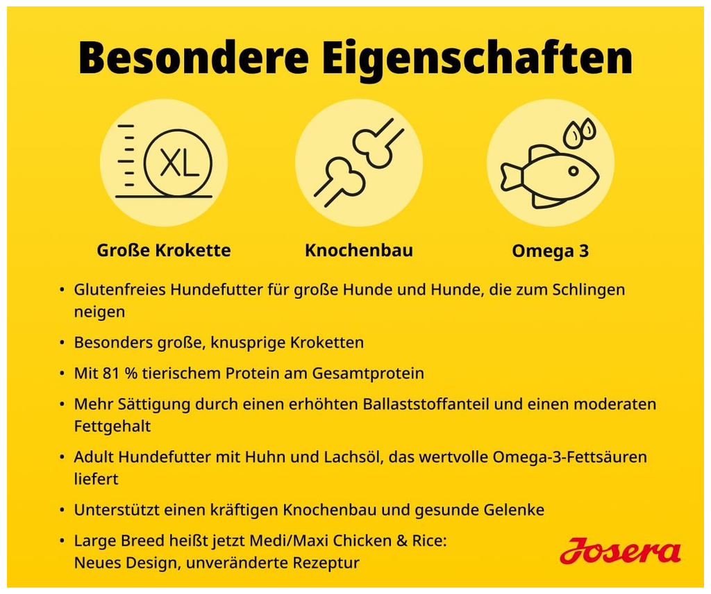 JOSERA Adult Large Chicken & Rice (12.5 kg) Premium Dry Food for Adult Large Breed Dogs with Salmon Oil, Gluten-Free, Valuable Fatty Acids, XL Kibble, Against Obesity